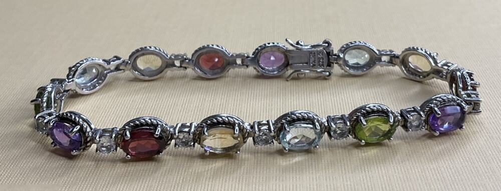 Vintage Sterling Silver Multi Color Gemstone Tennis Bracelet 7.5"